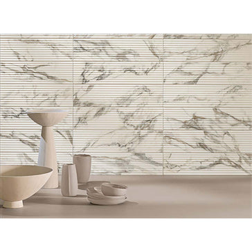 4x16 Fluted Porcelain Tile Wall - Marble Look Backsplash Tile