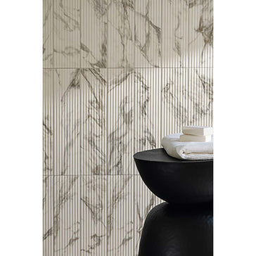 4x16 Fluted Porcelain Tile Wall - Marble Look Backsplash Tile