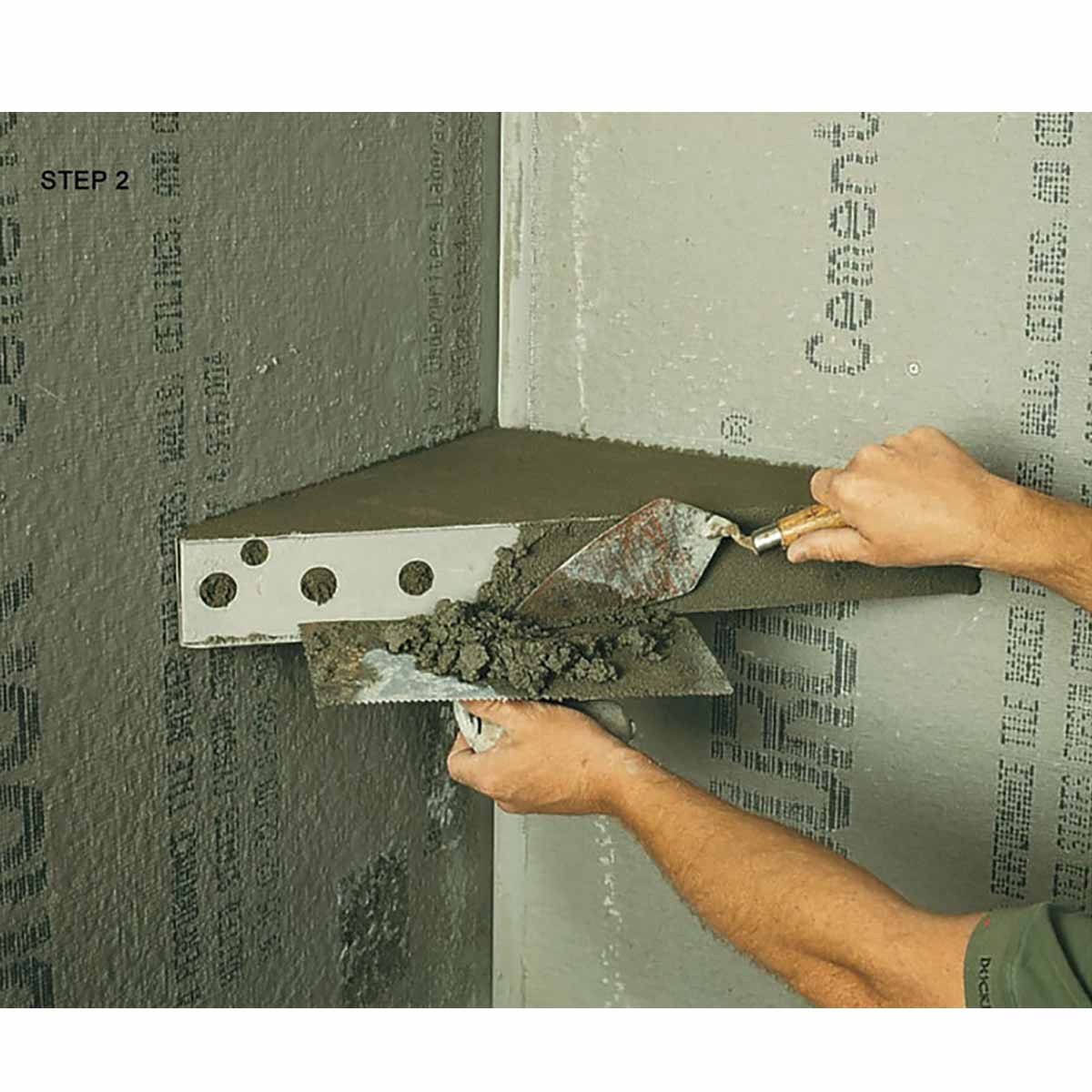 Better Bench Triangular Ready to Tile Bench Step 2 applying mortar over the bench