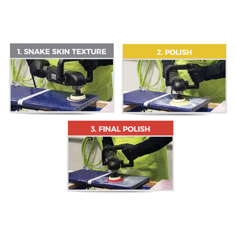 Professional using the BMP Quartz Resurfacing Kit to polish an engineered stone quartz countertop