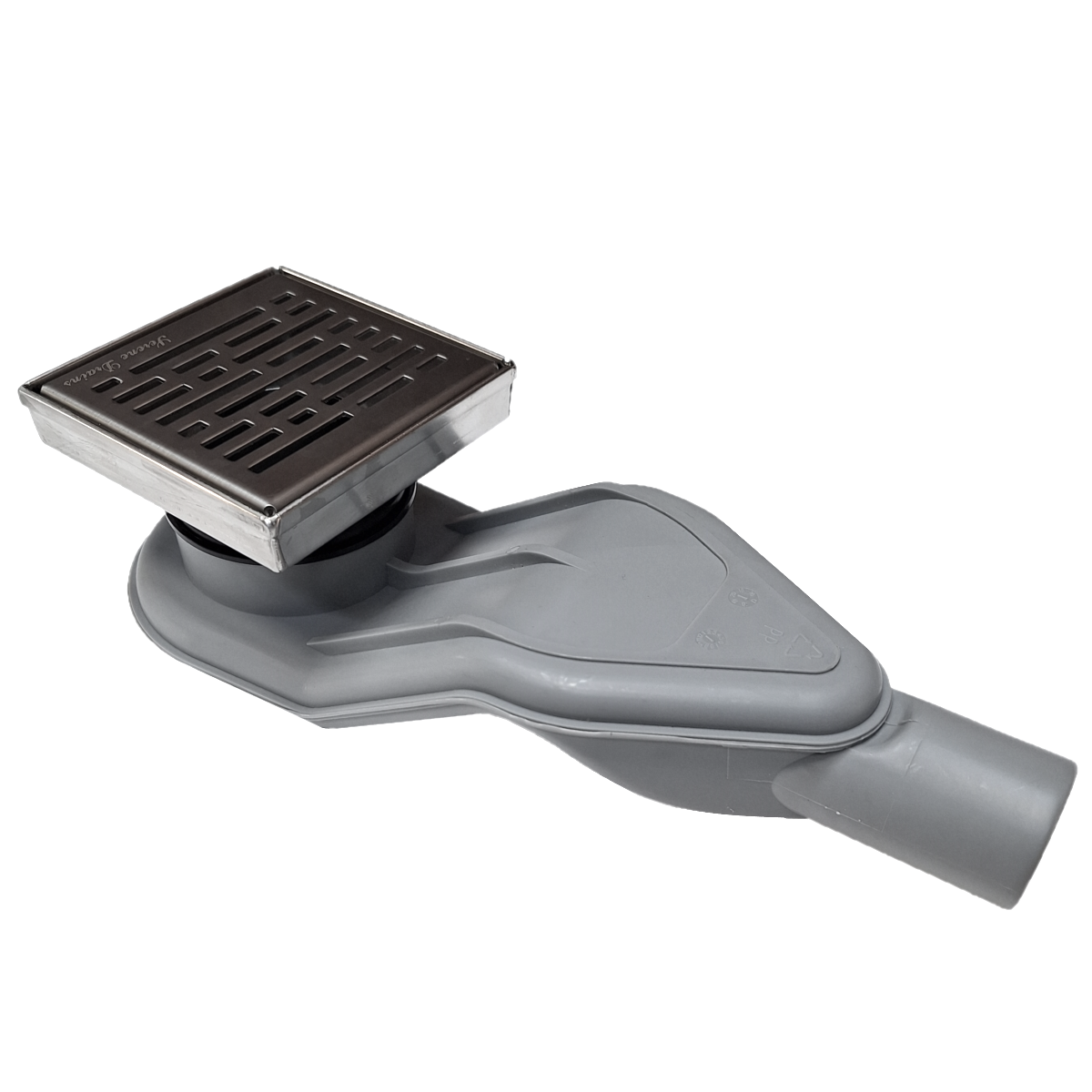 SereneDrains Wow Drain TM Side Discharge Outlet with 4 Inch Square Shower Drain Horizontal Low Profile
