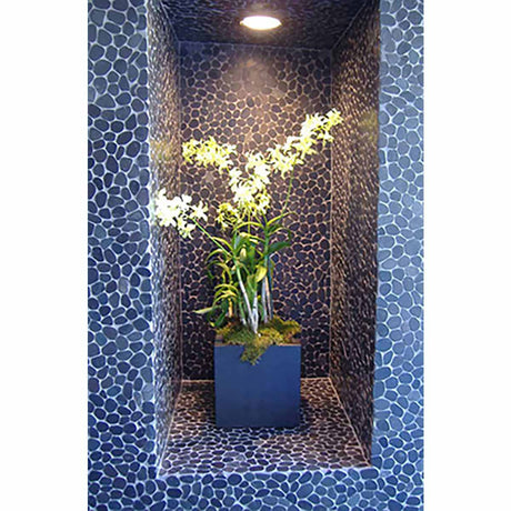 Stained Black Blend pebble tile for spa shower design