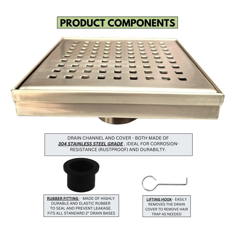 SereneDrains Square Shower Drain Traditional Square 6 Gold