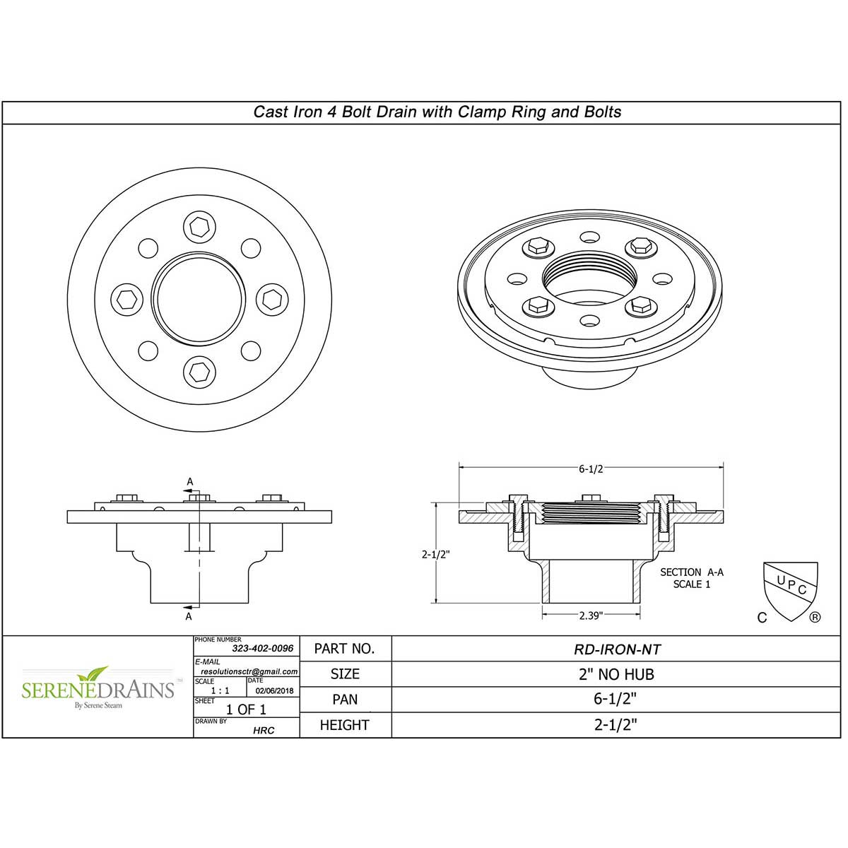 SereneDrains Cast Iron 4 Bolt Drain Base with Rubber Fitting