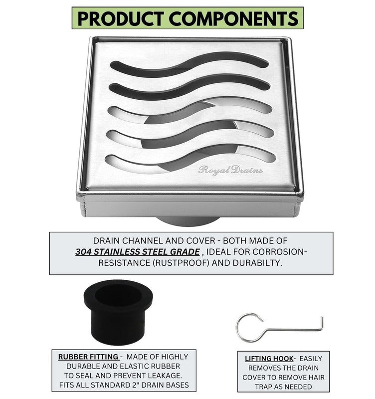 SereneDrains Square Shower Drain Ocean Wave 4 Brushed