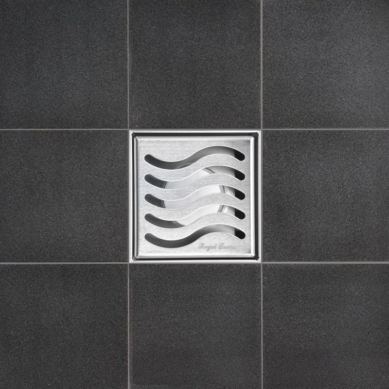 SereneDrains Square Shower Drain Ocean Wave 4 Brushed