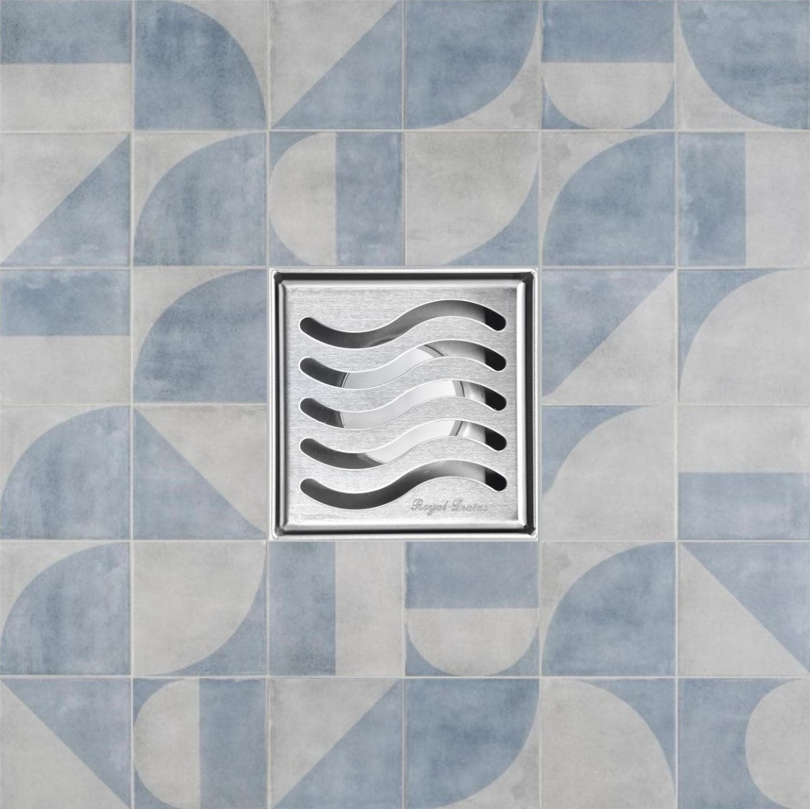 SereneDrains Square Shower Drain Ocean Wave 4 Brushed