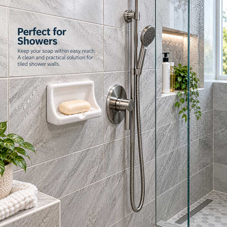 Ceramic Mini Soap Dish installed on tiled shower wall