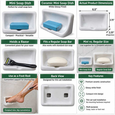 Ceramic mini soap dish white glossy thin set wall mount