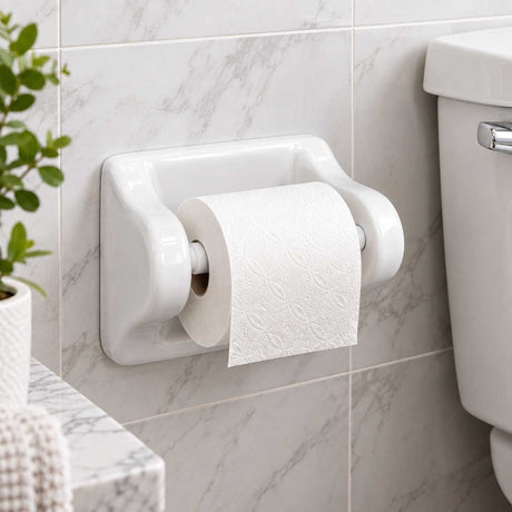 Ceramic Toilet Paper Holder White Glossy installed in modern tiled bathroom
