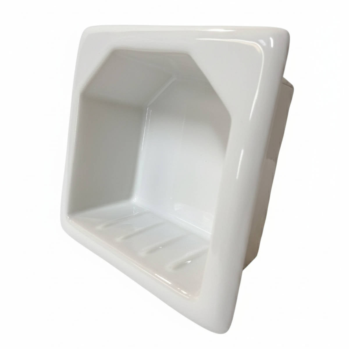 SereneDrains Porcelain Recessed Soap Dish White Glossy 6.5x6.5 Hotel Holder Shower Wall Mount Tray