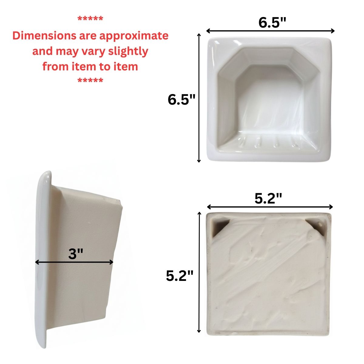SereneDrains Porcelain Recessed Soap Dish White Glossy 6.5x6.5 Hotel Holder Shower Wall Mount Tray