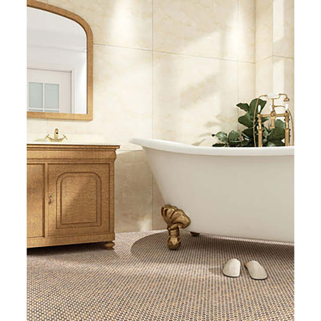 Bathroom with freestanding bathtub, wooden cabinet, and Hexagon Porcelain Mosaic Tile - Rustic Sunset with decorative elements.