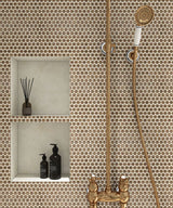 Bathroom with gold shower fixtures and Hexagon Porcelain Mosaic Tile - Rustic Sunset