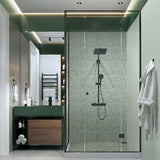 Modern bathroom with shower enclosure, vanity, and towel with Hexagon Porcelain Mosaic Tile - Tropical Lush