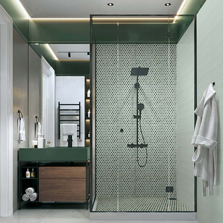 Modern bathroom with shower enclosure, vanity, and towel with Hexagon Porcelain Mosaic Tile - Tropical Lush