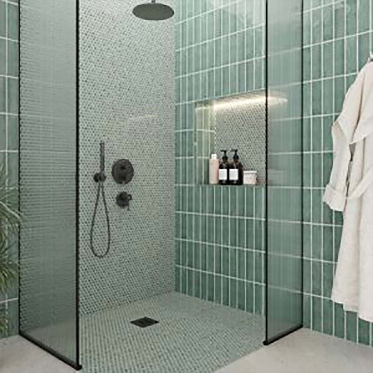 Modern bathroom with green tiled walls, glass shower enclosure, and bathrobe with Hexagon Porcelain Mosaic Tile - Tropical Lush