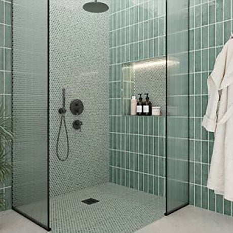 Modern bathroom with green tiled walls, glass shower enclosure, and bathrobe with Hexagon Porcelain Mosaic Tile - Tropical Lush