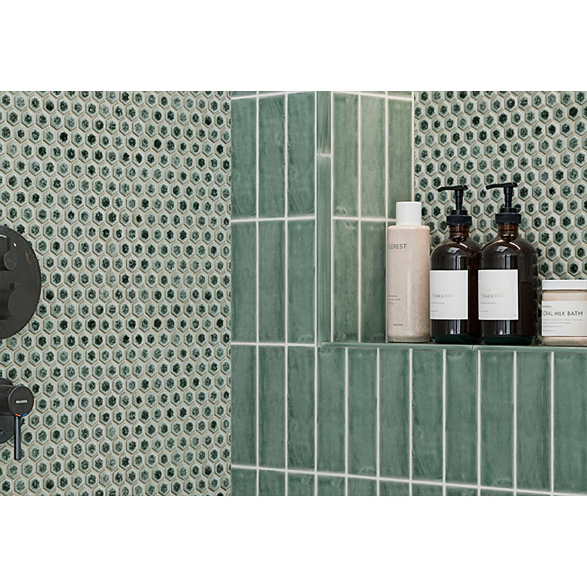 Bathroom shelf with skincare products against a Hexagon Porcelain Mosaic Tile - Tropical Lush