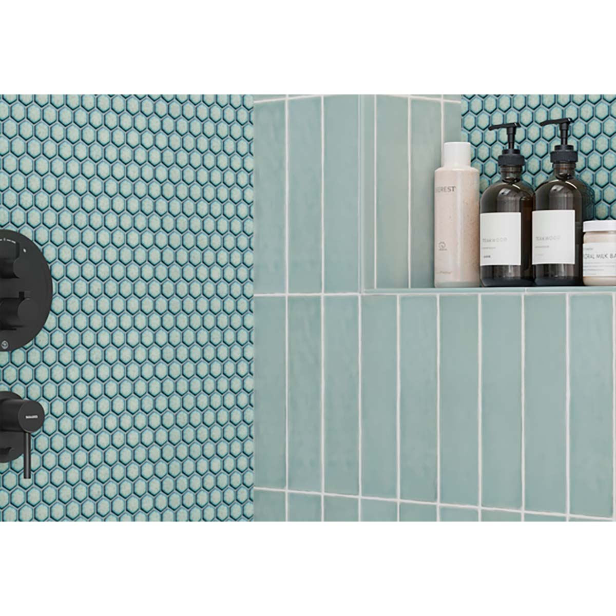 Bathroom shelf with skincare products against a Hexagon Porcelain Mosaic Tile - Mint Rose with geometric pattern