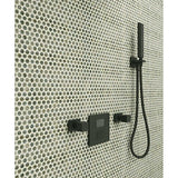 Black shower head and control panel mounted on a Penny Round Porcelain Mosaic Tile - Sage Green