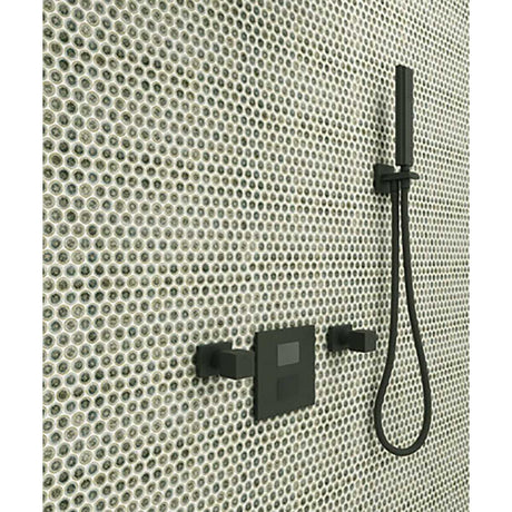 Black shower head and control panel mounted on a Penny Round Porcelain Mosaic Tile - Sage Green