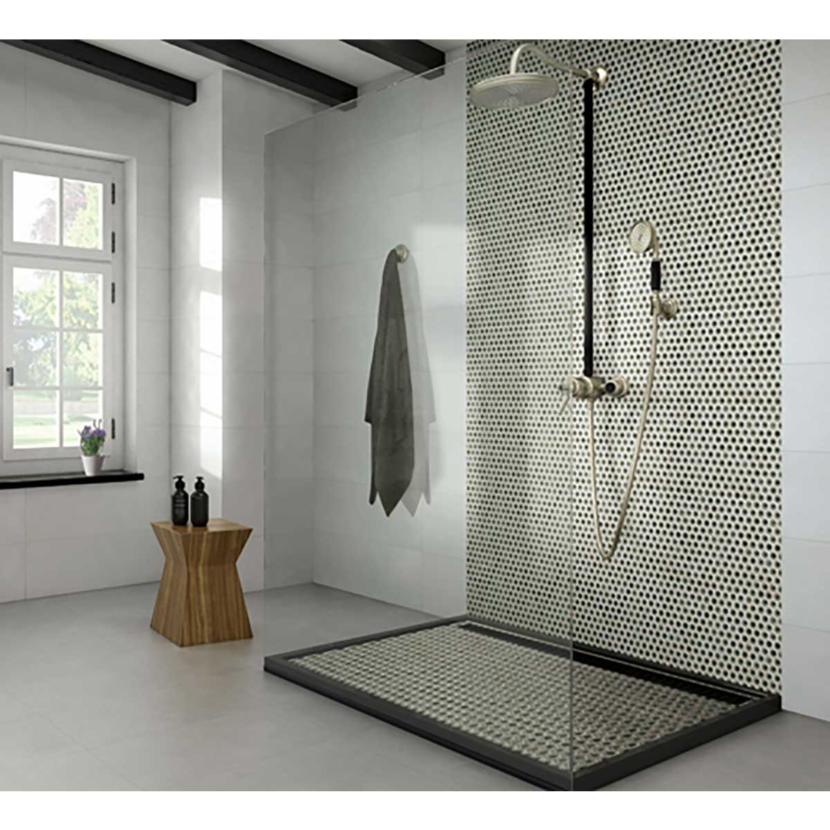 Modern shower area with Penny Round Porcelain Mosaic Tile - Sage Green and wooden stool in a bathroom.