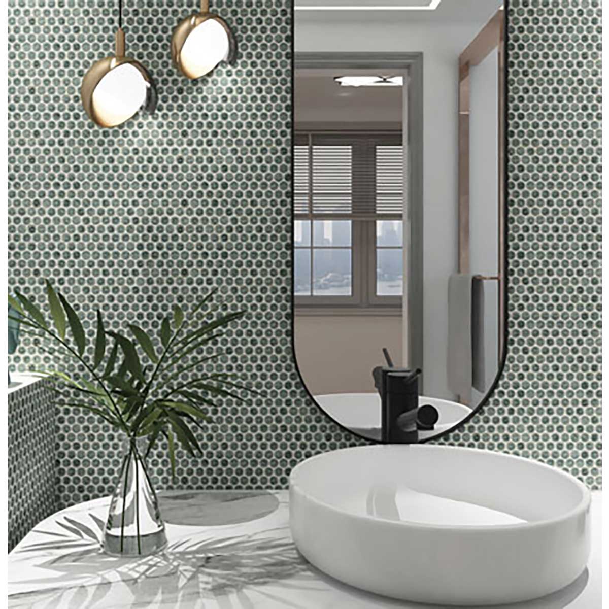 Bathroom interior with a round white sink, Penny Round Porcelain Mosaic Tile - Tropical Lush and a large mirror.