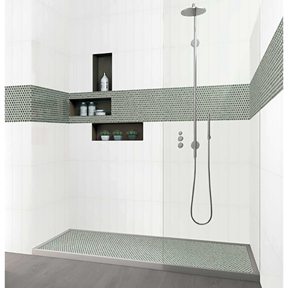 Modern shower setup with Penny Round Porcelain Mosaic Tile - Tropical Lush and a shower head.
