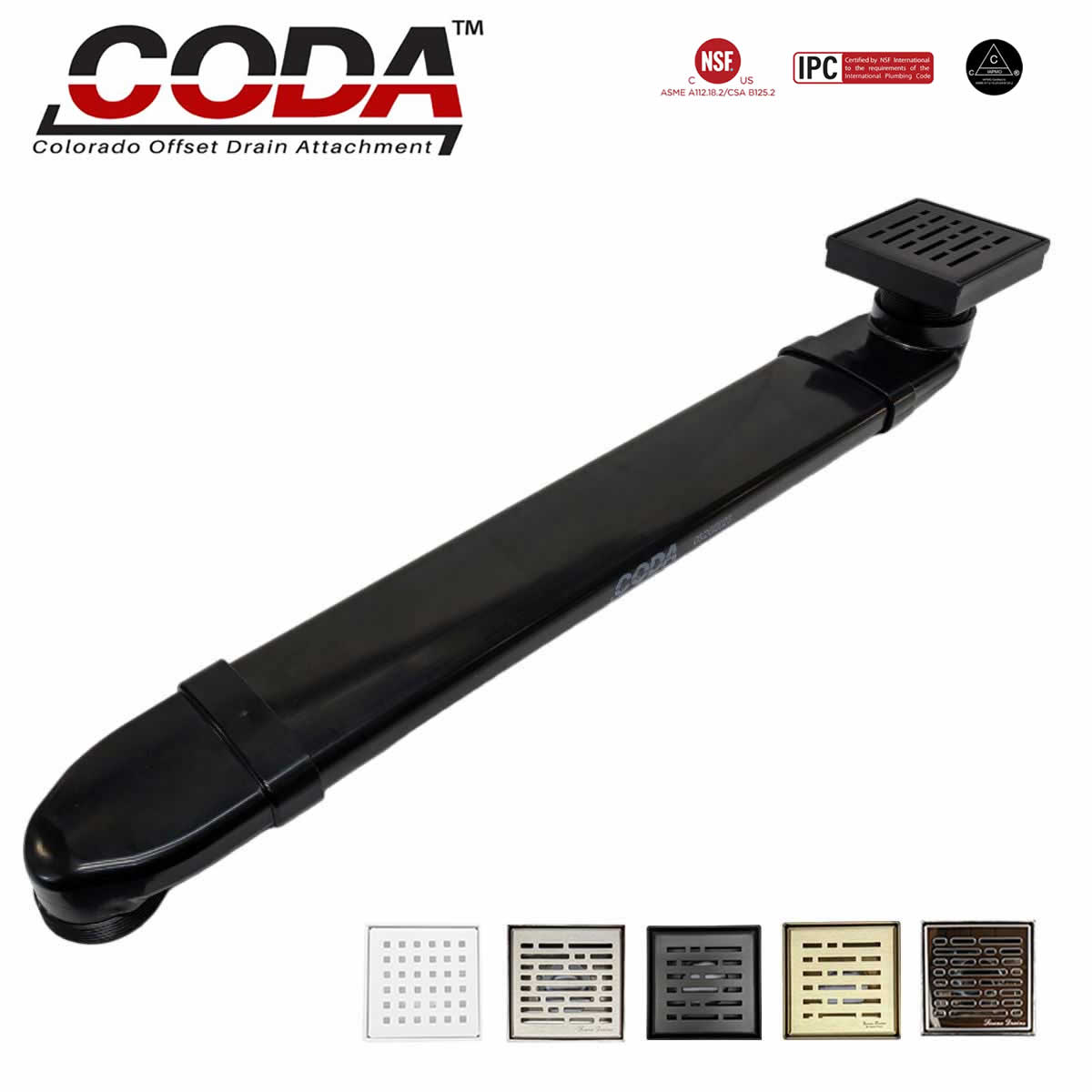 CODA-B shower drain relocator installed with matte black square shower drain