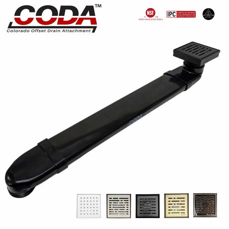 CODA-B shower drain relocator installed with matte black square shower drain