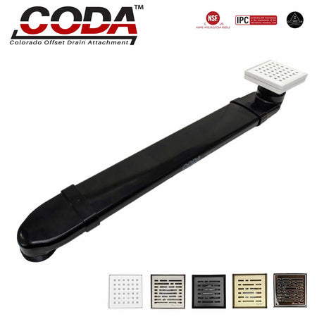 CODA-B shower drain relocator installed with matte white square shower drain