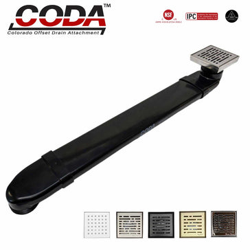 CODA-B shower drain relocator installed with matte white square shower drain