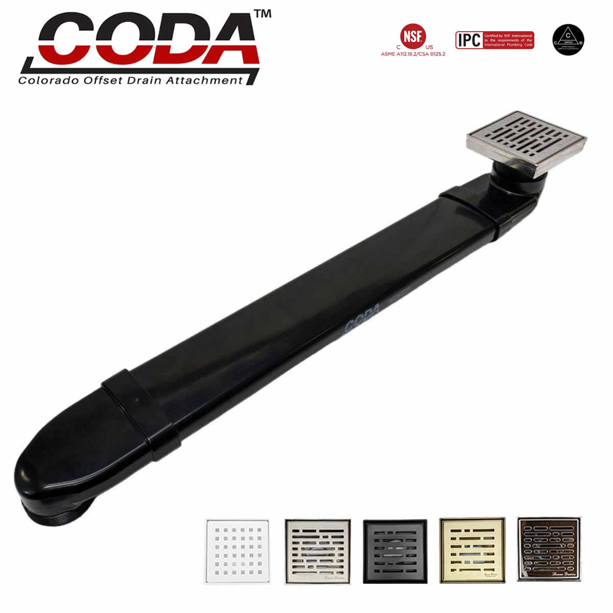 CODA-B shower drain relocator installed with matte white square shower drain