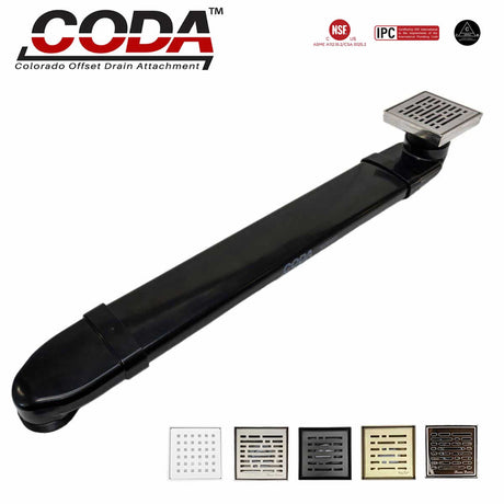 CODA-B shower drain relocator installed with matte white square shower drain