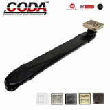 CODA-B shower drain relocator installed with satin gold square shower drain