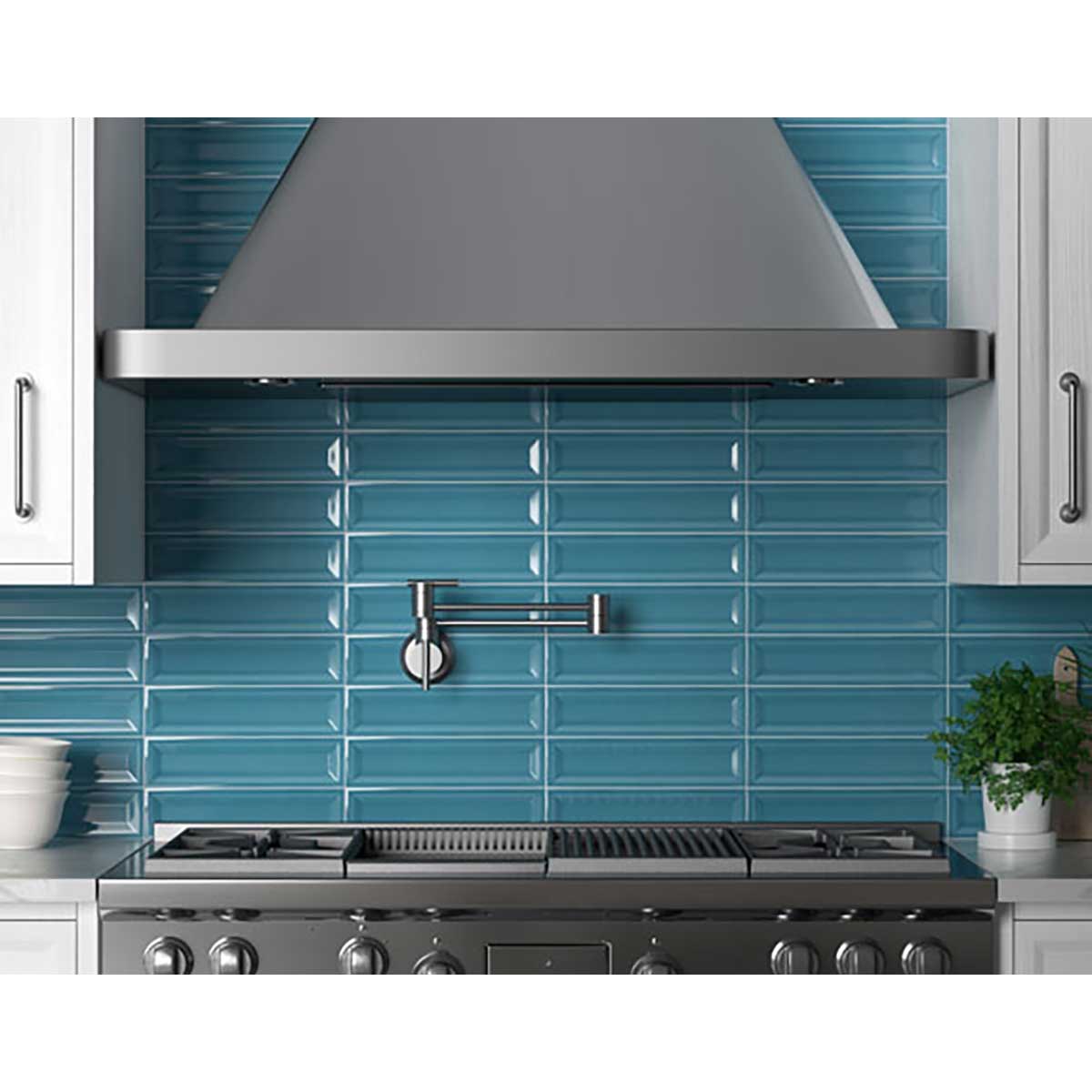 Blue Waterfall Glaze Ceramic Tile installed in kitchen above stove