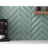 Ceramic Groove Tile Series - Green 3 x 12 Installed on wall with wood shelf 