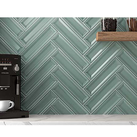 Ceramic Groove Tile Series - Green 3 x 12 Installed on wall with wood shelf 
