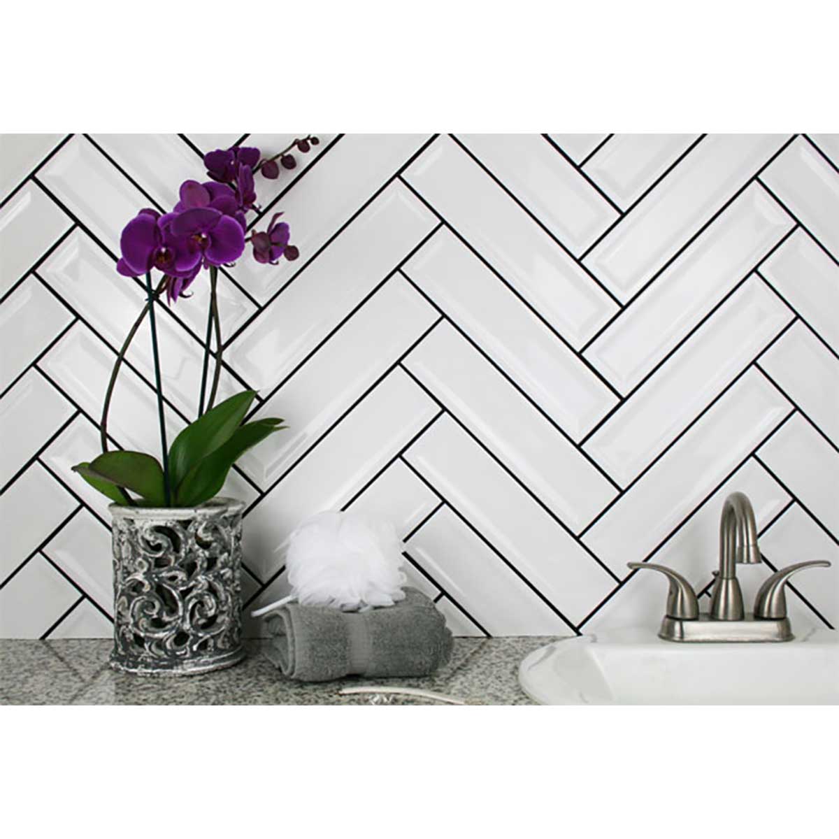 White Glossy Ceramic Groove Wall Tile with Waterfall Glaze Finish over a bathroom counter top
