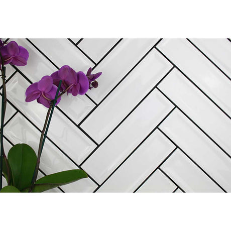 White Glossy Ceramic Groove Wall Tile with Waterfall Glaze Finish 3x12 with purple floor