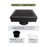SereneDrains Square Shower Drain Linear Wedge 4 Matte Black