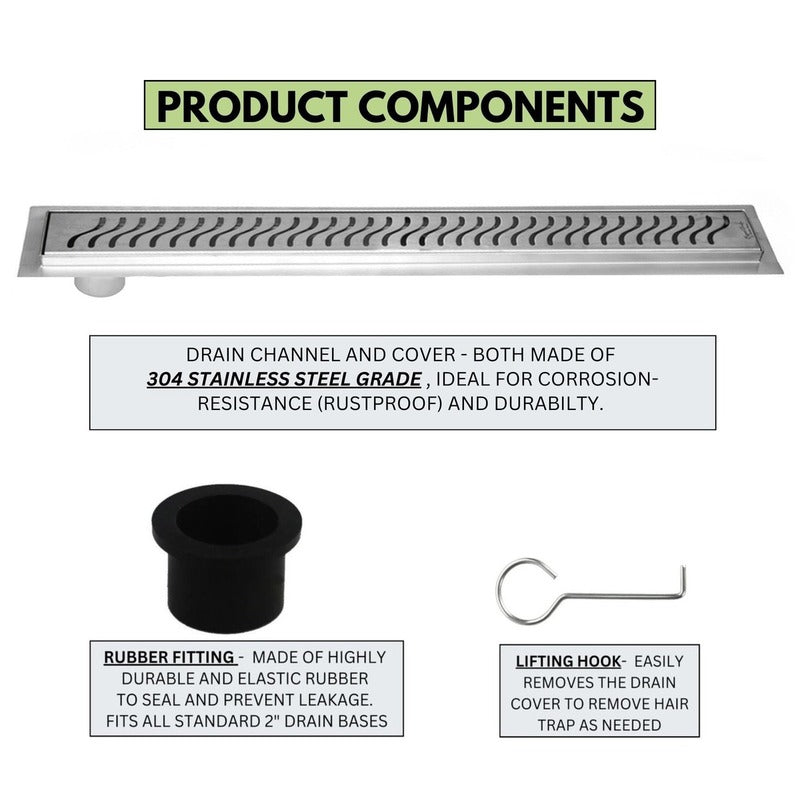 SereneDrains Linear Shower Drain Offset Outlet Ocean Wave - Brushed 47