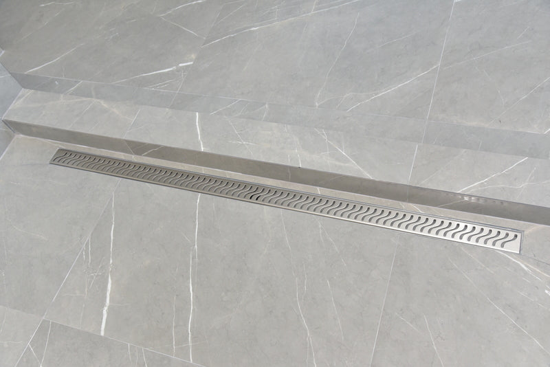 SereneDrains Linear Shower Drain Offset Outlet Ocean Wave - Brushed 47