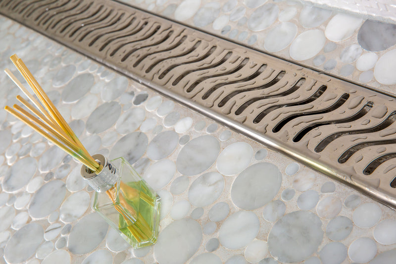 SereneDrains Linear Shower Drain Offset Outlet Ocean Wave - Brushed 47