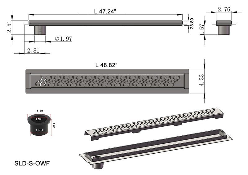 SereneDrains Linear Shower Drain Offset Outlet Ocean Wave - Brushed 47