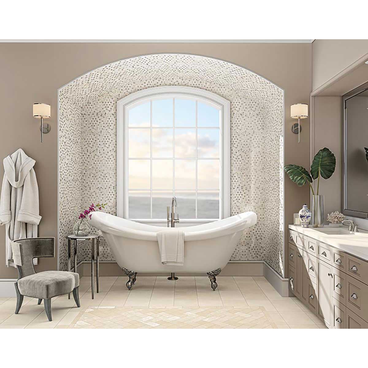 Mesh mounted marble mosaic tile sheet with polished stone dot pattern