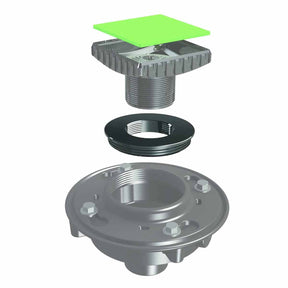 Mechanical components including a flange, bushing, and green square on a white background