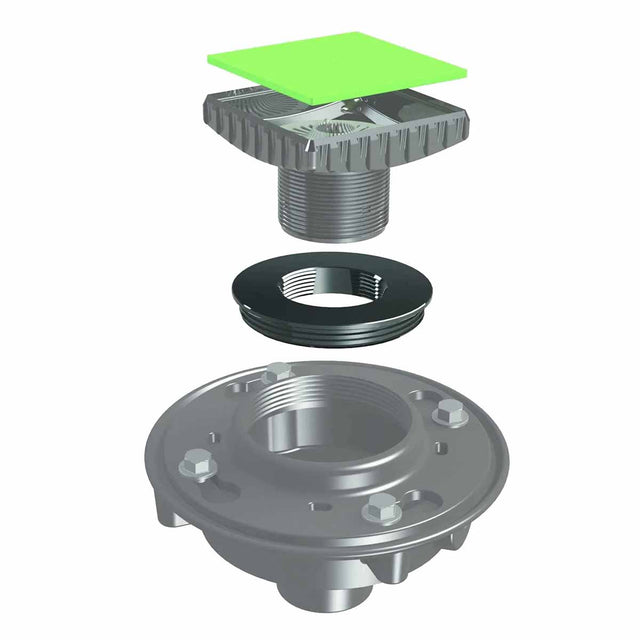 Mechanical components including a flange, bushing, and green square on a white background