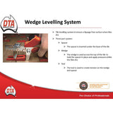 Advertisement for DTA Wedge Levelling System with tool and text on a white background